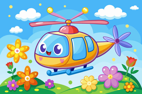 A charming cartoon helicopter flies through the sky, adorned with vibrant flowers.
