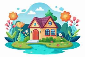 Charming cartoon home with flowers adorning its facade, isolated on a white background.