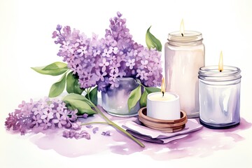 Obraz na płótnie Canvas Beautiful lilac flowers and candles. Hand drawn watercolor illustration
