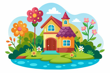 Charming cartoon home adorned with vibrant flowers against a pristine white background.