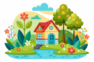 A charming home cartoon with flowers adorns a white background.