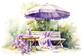 Watercolor summer terrace with table, chair, umbrella and flowers