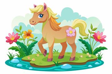 A charming horse cartoon with flowers adorning its mane.