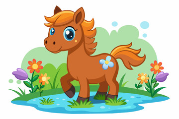 A charming cartoon horse adorned with vibrant flowers prances amidst a lush meadow. - obrazy, fototapety, plakaty