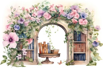 Watercolor floral arch with books, flowers and leaves. Illustration