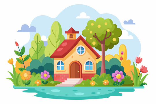 A charming cartoon house adorned with vibrant flowers on a white background.