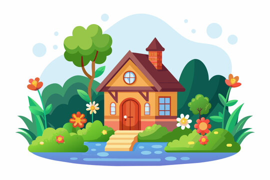 Charming cartoon home adorned with vibrant flowers, blooming in a field of white.