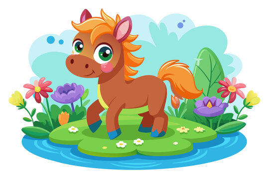A charming cartoon horse adorned with vibrant flowers prances amidst a lush meadow.