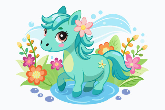 A cute cartoon horse adorned with charming flowers frolics merrily.