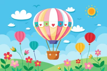 Photo sur Plexiglas Montgolfière Charming cartoon hot air balloon floating in a sky adorned with vibrant flowers.