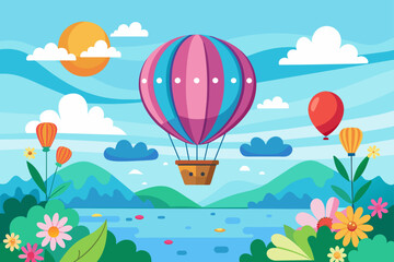 Charming hot air balloon floating in the sky, adorned with colorful flowers. - obrazy, fototapety, plakaty