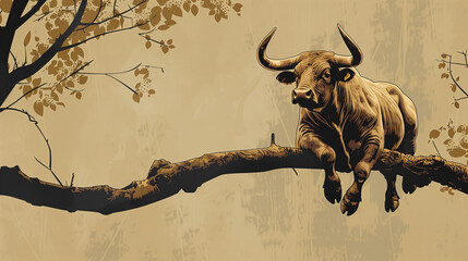 Balancing Act: Economic Uncertainty Illustrated by Bull on Branch
