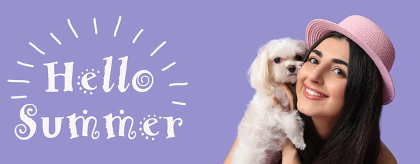 Happy young woman with her cute dog on lilac background. Hello, summer