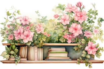 Fototapeta na wymiar Watercolor illustration of bookshelves with pink flowers and leaves.