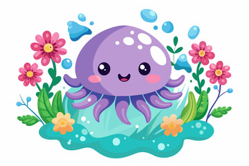Adorable jellyfish cartoon adorned with vibrant flowers, exuding charm and whimsy.