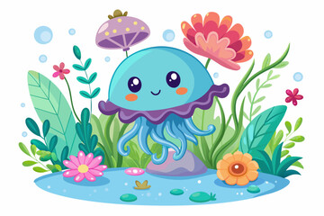 Charming cartoon jellyfish adorned with vibrant flowers, radiating joy and serenity.