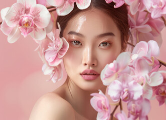 A beautiful chinese woman with flawless skin and elegant makeup, surrounded by delicate pink orchids on her head, posing for an advertising campaign in beauty products against a soft pastel background