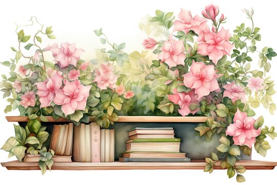 Watercolor illustration of bookshelves with pink flowers and leaves.