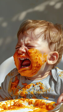 Naklejki Baby crying out loud with his mouth full of tomato sauce, as he would be asking for more and more