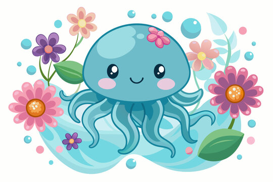 Charming cartoon jellyfish adorned with delicate flowers