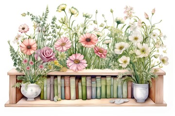 Fototapeta na wymiar Vintage bookshelves with spring flowers and plants. Watercolor illustration