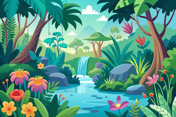 Fototapeta na wymiar Charming jungle scene with vibrant flowers against a pristine white backdrop.
