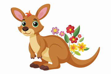 Charming kangaroo cartoon with vibrant flowers adorning its fur, exuding a whimsical and cheerful aura.