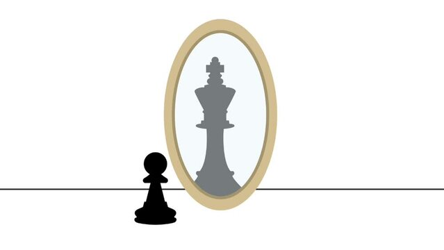 Chess pawn with king shadow on the mirror. Concept of business, mindset and leadership