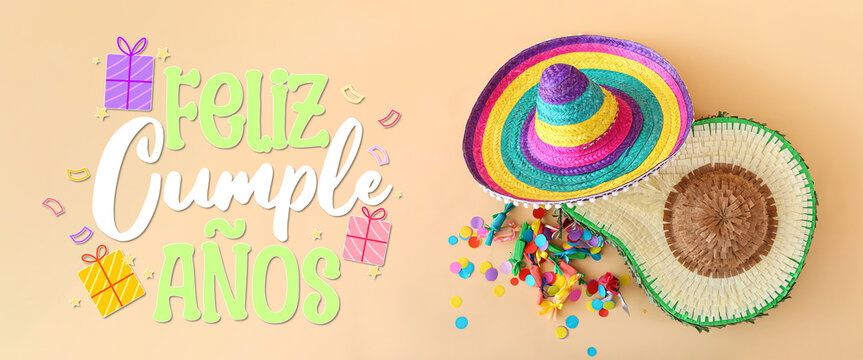 Mexican pinata in shape of avocado, sombrero hat and confetti on color background