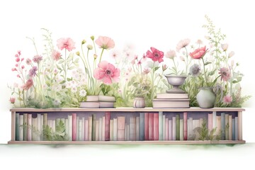 Vintage bookshelf with flowers and plants. Vector illustration.