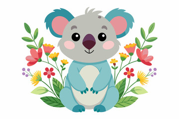 A charming koala with flowers on a white background.