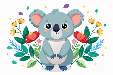 The charming koala poses with flowers on a white background, exuding a gentle and adorable aura.