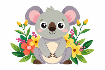 The charming koala poses with flowers on a white background, exuding a gentle and adorable aura.
