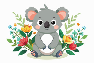 The charming koala is adorned with flowers, adding a touch of elegance to its white background.