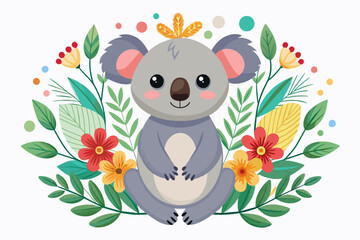 A charming koala adorned with vibrant flowers poses gracefully against a pristine white background.