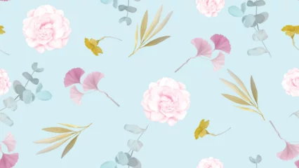  Seamless pattern of Jasminum sambac flowers and leaves with pink and blue on blue background © momosama
