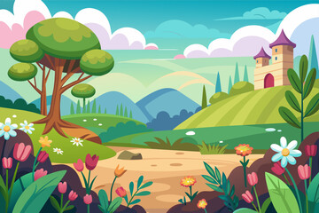 Fototapeta na wymiar Charming landscape cartoon featuring a backdrop adorned with vibrant flowers.