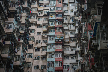Dense Urban Apartments With Overlapping Balconies of the Yik Cheong monster building, In Hong Kong