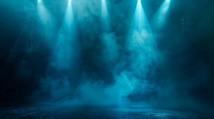 Obraz premium A blue room with blue lights and smoke. The lights are shining on the floor and the smoke is floating in the air