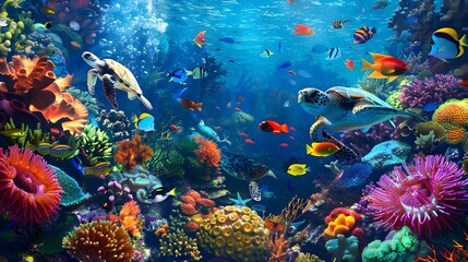 Fototapeta na wymiar vibrant coral reef teeming with colorful fish, anemones and sea turtles in full color with bright, vivid colors. The image is highly detailed and ultra realistic in the style of a coral reef scene