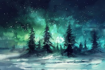enchanting pine trees under northern lights christmasinspired digital painting
