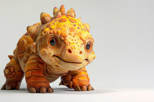 A cute baby dinosaur with big eyes and a friendly smile. The dinosaur is yellow and orange, with a bumpy, textured skin. It has a small, stubby body and a long tail.