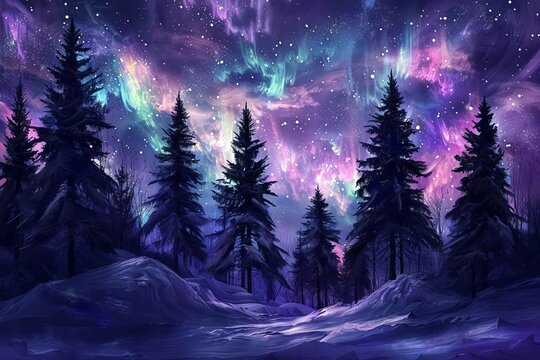 enchanting pine trees under northern lights christmasinspired digital painting