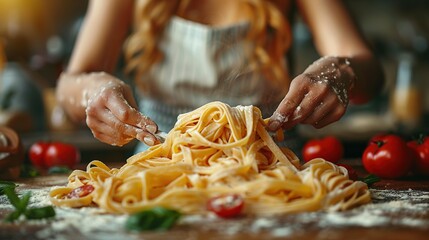 Woman preparing pasta on kitchen table, close up view