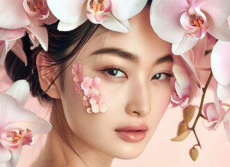 A beautiful Korean woman with flawless skin and elegant makeup, surrounded by delicate pink orchids...