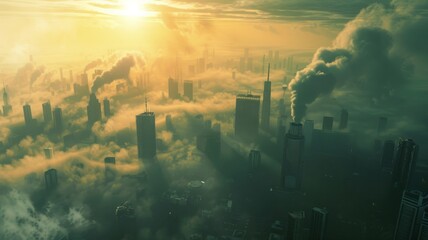 City enveloped by industrial emissions - Dramatic image showing dense industrial emissions blanketing a cityscape, invoking thoughts on pollution and environment - obrazy, fototapety, plakaty