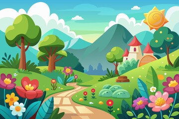 Naklejka premium A charming landscape cartoon scene with flowers blooming on a vibrant backdrop.