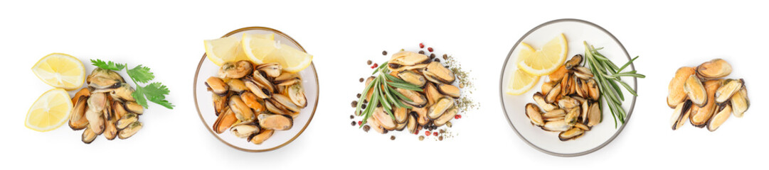 Set of tasty marinated mussels on white background, top view