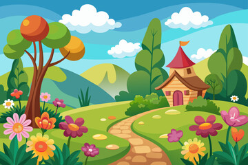 Charming landscape cartoon with blooming flowers in the background.