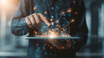 Illuminated graph on a digital tablet interface - Hands interact with a futuristic 3D graph on a tablet, illustrating analytics or financial trends